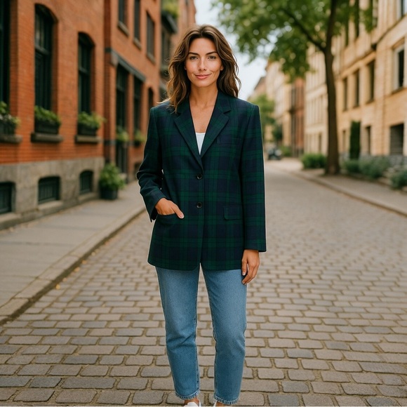 Brooks Brothers Tartan Plaid Green Black Watch Single Breasted Wool Blazer SZ 14 - Picture 1 of 16
